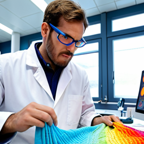 Home 8 **
A textile engineer in a bright, modern lab environment, experimenting with smart fabrics. The engineer is wearing safety glasses and holding a swatch of fabric that appears to be changing color or reacting to light. Background includes advanced textile machinery and computer screens displaying data visualizations. The overall feel is innovative and high-tech. Focus on the "Diseño y Desarrollo de Textiles" and "Adaptabilidad a las Nuevas Tecnologías" aspects.
Use bright, vibrant colors.
**