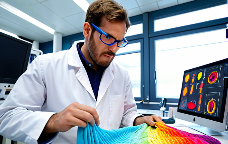 **
A textile engineer in a bright, modern lab environment, experimenting with smart fabrics. The engineer is wearing safety glasses and holding a swatch of fabric that appears to be changing color or reacting to light. Background includes advanced textile machinery and computer screens displaying data visualizations. The overall feel is innovative and high-tech. Focus on the "Diseño y Desarrollo de Textiles" and "Adaptabilidad a las Nuevas Tecnologías" aspects.
Use bright, vibrant colors.
**