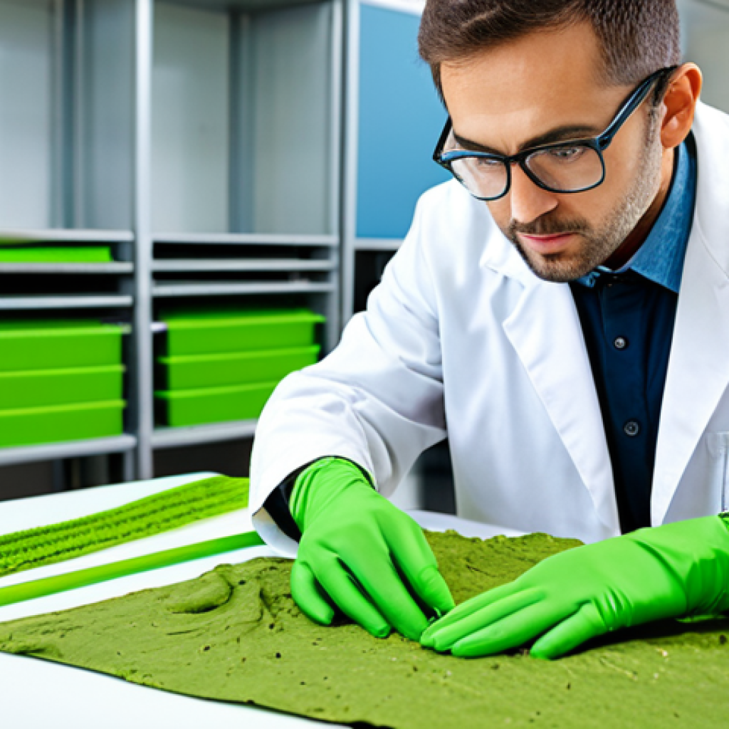 Sustainable Textile Innovation**

"A textile technician in a bright, modern lab, examining a sample of algae-based biodegradable fabric, fully clothed, appropriate attire, safe for work, perfect anatomy, natural proportions, professional photography, high quality, focus on sustainability and innovation."

**