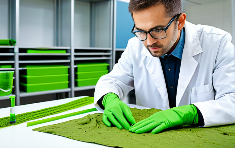 Sustainable Textile Innovation**

"A textile technician in a bright, modern lab, examining a sample of algae-based biodegradable fabric, fully clothed, appropriate attire, safe for work, perfect anatomy, natural proportions, professional photography, high quality, focus on sustainability and innovation."

**