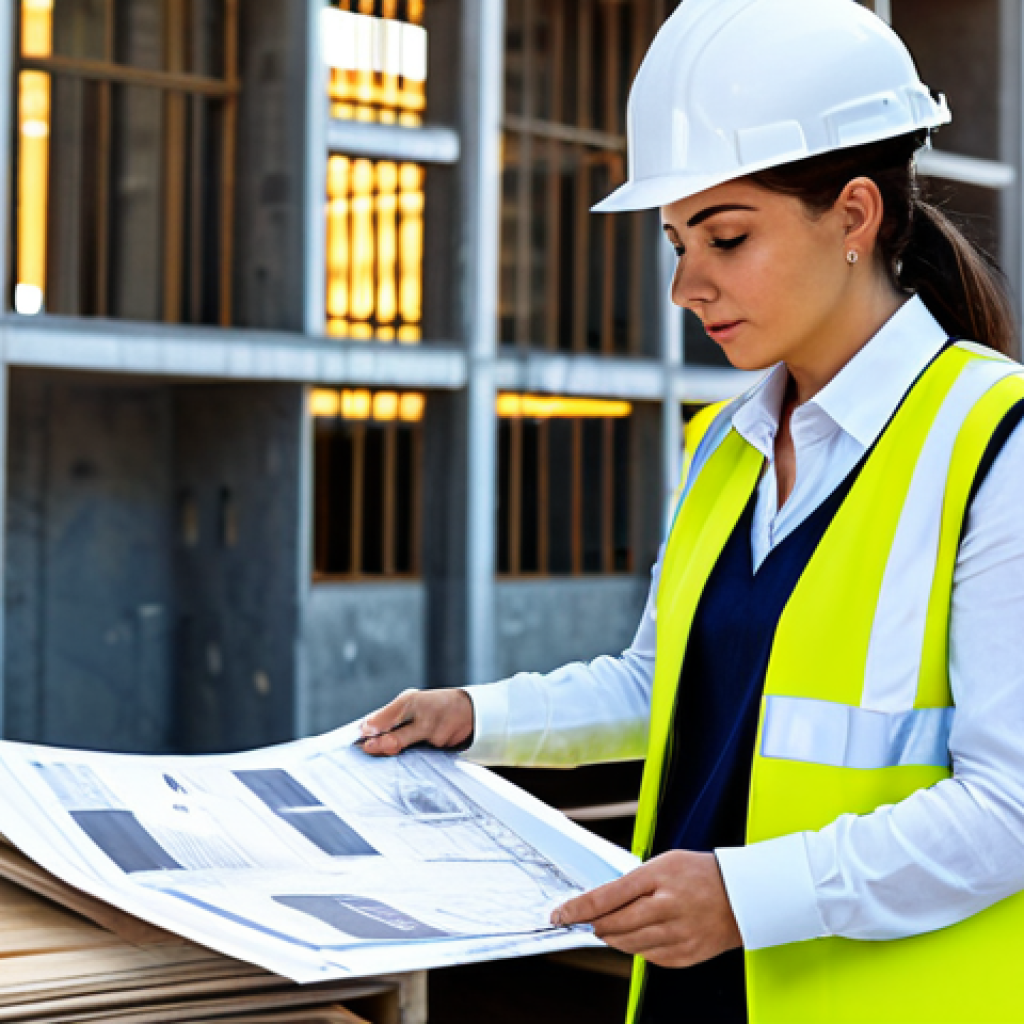 **

A professional architect, fully clothed in a stylish yet modest business outfit (blazer, dress pants, blouse), reviewing blueprints on a construction site in Madrid, Spain. Hard hat and safety vest worn. Safe for work, appropriate content, perfect anatomy, correct proportions, natural pose, well-formed hands, proper finger count, professional, high quality, bright daylight, realistic rendering.

**