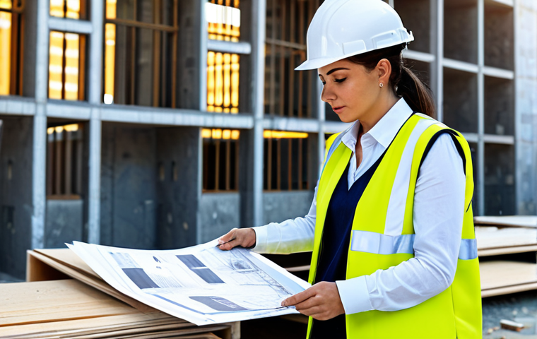 **

A professional architect, fully clothed in a stylish yet modest business outfit (blazer, dress pants, blouse), reviewing blueprints on a construction site in Madrid, Spain. Hard hat and safety vest worn. Safe for work, appropriate content, perfect anatomy, correct proportions, natural pose, well-formed hands, proper finger count, professional, high quality, bright daylight, realistic rendering.

**
