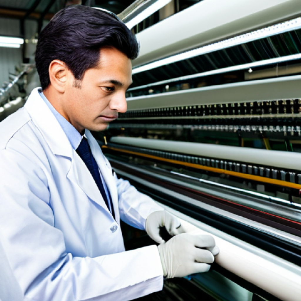 **

A textile engineer in a fully clothed lab coat, inspecting a complex weaving machine in a brightly lit textile factory, appropriate attire, professional setting, safe for work, perfect anatomy, natural proportions, high-quality photography.

**