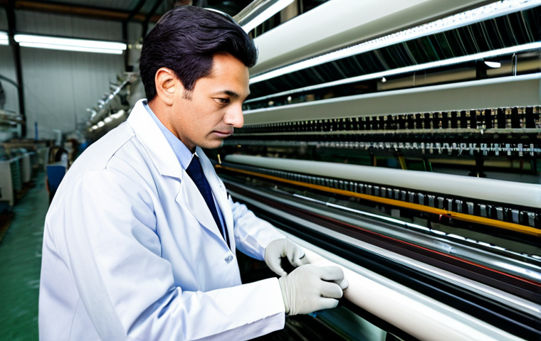 **

A textile engineer in a fully clothed lab coat, inspecting a complex weaving machine in a brightly lit textile factory, appropriate attire, professional setting, safe for work, perfect anatomy, natural proportions, high-quality photography.

**