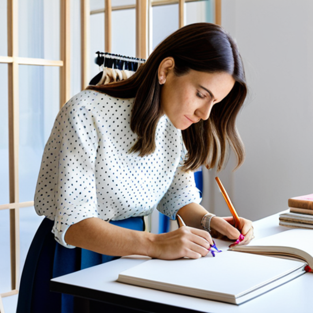 **

"A professional fashion designer, María, sketching designs in her bright and airy Madrid studio, surrounded by fabric swatches and design books. She is wearing a stylish but modest blouse and trousers, fully clothed, appropriate attire.  Modern, clean aesthetic, natural lighting. Perfect anatomy, well-formed hands, proper finger count, safe for work, appropriate content, professional, modest, family-friendly."

**