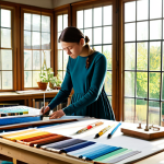 Textile Designer's Studio**

"A bright and airy textile design studio.  A female designer in a modest, long-sleeved dress is sketching patterns at a large wooden table covered in colorful fabric swatches and design tools.  Sunlight streams in through a large window overlooking a vibrant garden.  Shelves in the background are filled with yarn and fabric samples.  safe for work, appropriate content, fully clothed, professional, perfect anatomy, correct proportions, natural pose, well-formed hands, proper finger count, natural body proportions, high quality."

**