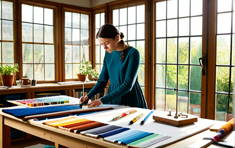 Textile Designer's Studio**

"A bright and airy textile design studio.  A female designer in a modest, long-sleeved dress is sketching patterns at a large wooden table covered in colorful fabric swatches and design tools.  Sunlight streams in through a large window overlooking a vibrant garden.  Shelves in the background are filled with yarn and fabric samples.  safe for work, appropriate content, fully clothed, professional, perfect anatomy, correct proportions, natural pose, well-formed hands, proper finger count, natural body proportions, high quality."

**