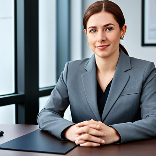 Home 24 **
A professional businesswoman in a modest business suit, sitting at a desk in a modern office, fully clothed, appropriate attire, safe for work, perfect anatomy, natural proportions, professional photography, high quality.
**