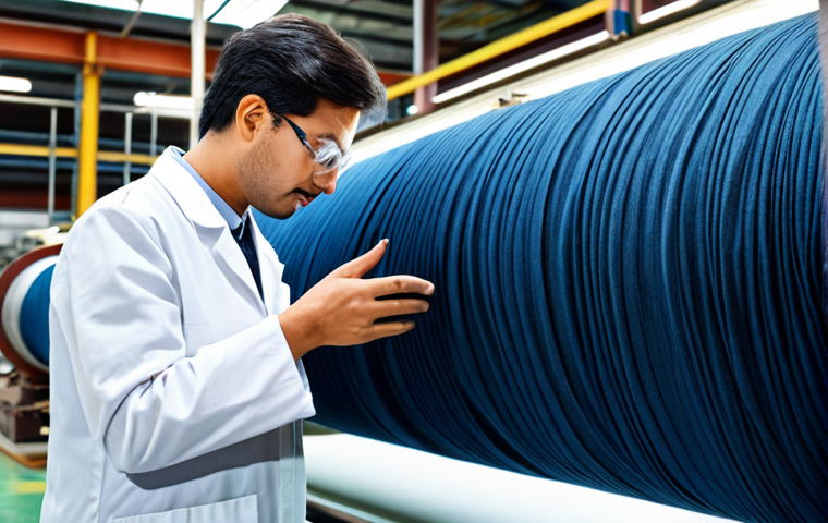 Textile Engineer Inspecting Fabric**

"A professional textile engineer, fully clothed in a lab coat and safety glasses, carefully examining a roll of high-quality denim fabric under bright, even lighting. The setting is a modern textile mill with advanced machinery in the background. Appropriate attire, safe for work, perfect anatomy, correct proportions, natural pose, professional photography, high quality, well-formed hands, proper finger count, natural body proportions, modest dress, family-friendly."

**