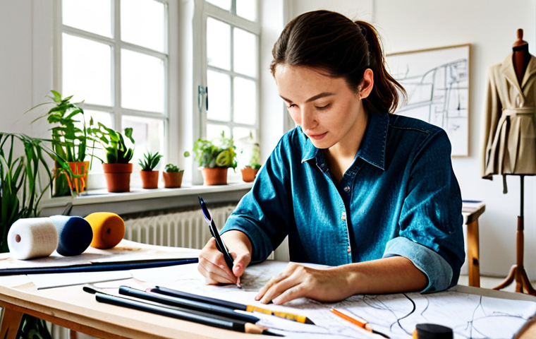 섬유기사와 자격증 취득의 가치 - Sustainable Textile Design**
A fashion designer in a brightly lit studio, sketching designs with su...