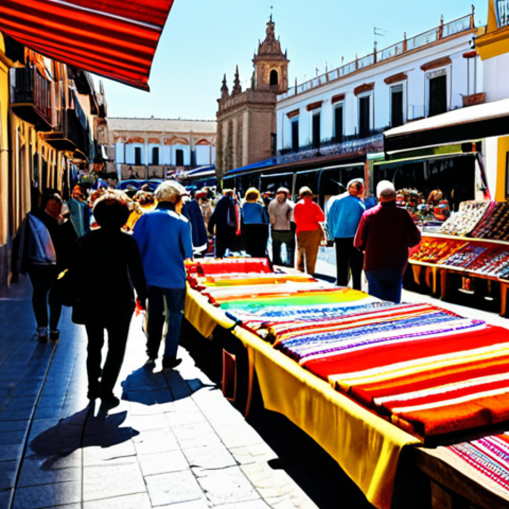 섬유기사 실기 시험 준비 체크리스트 - **Prompt:** A vibrant outdoor marketplace in Seville, Spain. Vendors sell colorful textiles, pottery...