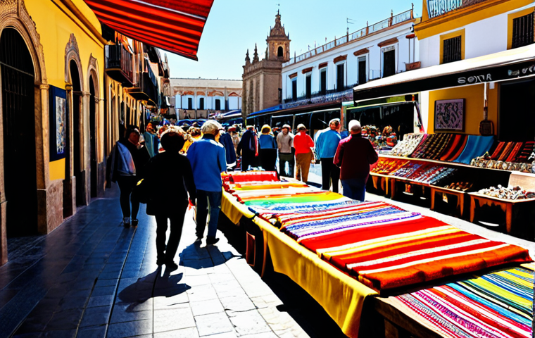 섬유기사 실기 시험 준비 체크리스트 - **Prompt:** A vibrant outdoor marketplace in Seville, Spain. Vendors sell colorful textiles, pottery...