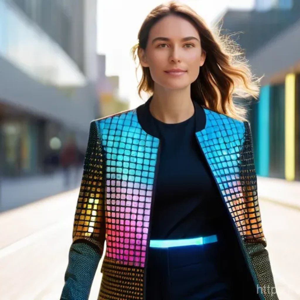 섬유기사와 관련 직업군의 특징 - **Prompt:** A young, vibrant female professional, aged mid-20s to early 30s, is confidently walking ...