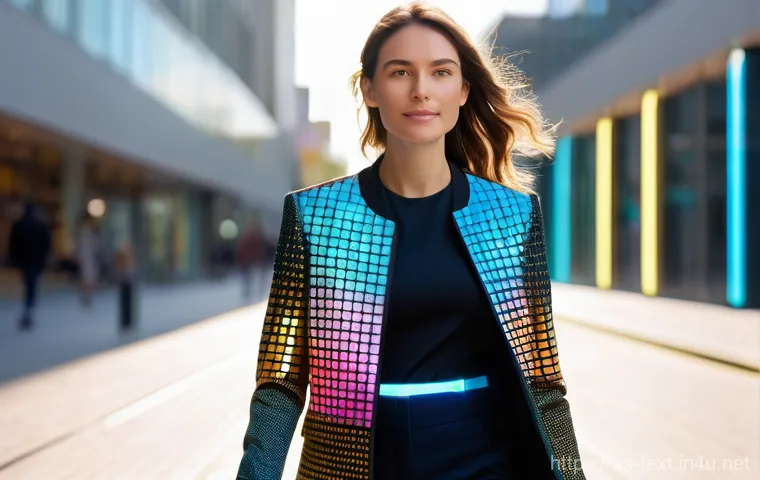 섬유기사와 관련 직업군의 특징 - **Prompt:** A young, vibrant female professional, aged mid-20s to early 30s, is confidently walking ...