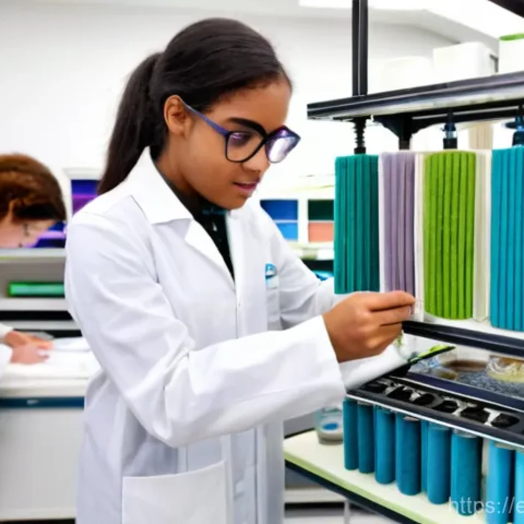 섬유기사와 실기시험 대비 성공 사례 - **Prompt 1: Sustainable Textile Innovation Lab**
A bright, modern textile engineering laboratory...