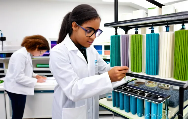 섬유기사와 실기시험 대비 성공 사례 - **Prompt 1: Sustainable Textile Innovation Lab**
A bright, modern textile engineering laboratory...