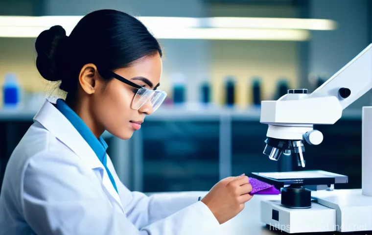 섬유기사 필기시험의 준비 전략 - **Prompt: A focused, young adult textile engineer, of diverse ethnicity, diligently examining a fabr...