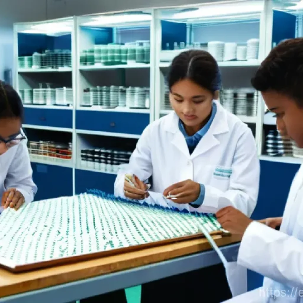 섬유기사 실기시험 대비 방법 - **Prompt:** A diverse group of young textile engineering students, both male and female (wearing cle...