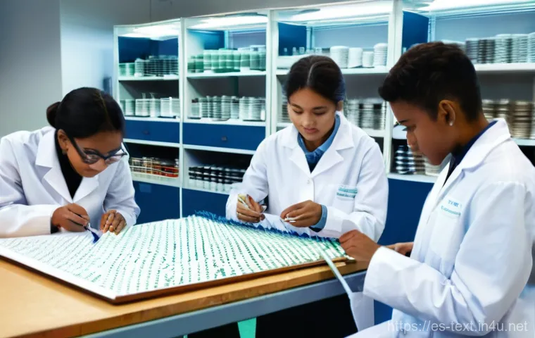 섬유기사 실기시험 대비 방법 - **Prompt:** A diverse group of young textile engineering students, both male and female (wearing cle...