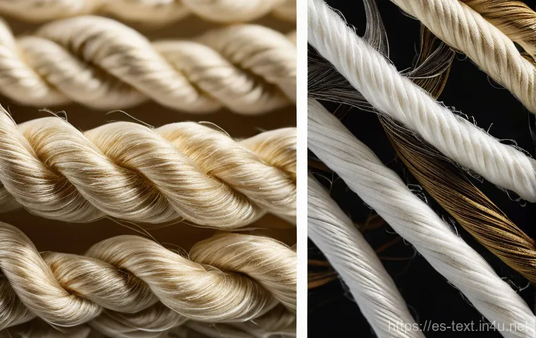 섬유기사 필기 중점 과목 - **Macro View of Innovative Textile Fibers:**
A highly detailed, hyperrealistic macro photograph ...