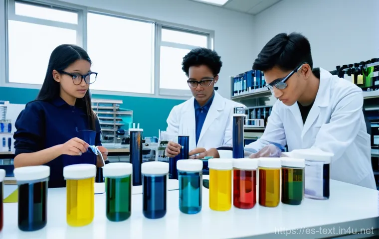 섬유기사와 실기시험의 합격 전략 - **Prompt:** A diverse group of young textile engineering students, wearing clean lab coats and safet...