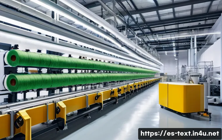 섬유기사 필기시험 대비 자료 - **Prompt: Sustainable Yarn Production in a Futuristic Textile Mill**
A bright, clean, and highl...