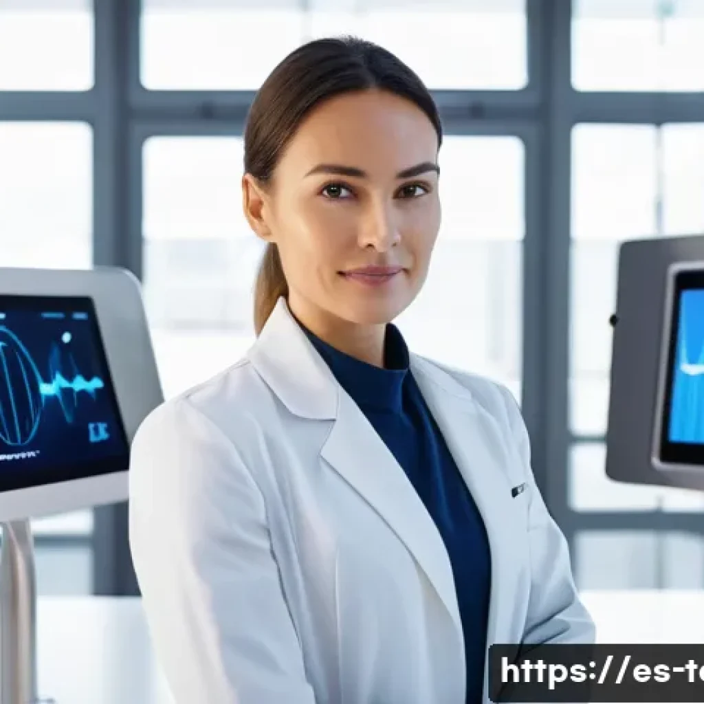 섬유기사 자격증 활용 방안 - **Prompt:** "A mid-shot of a female textile engineer, mid-30s, with a focused and proud expression, ...