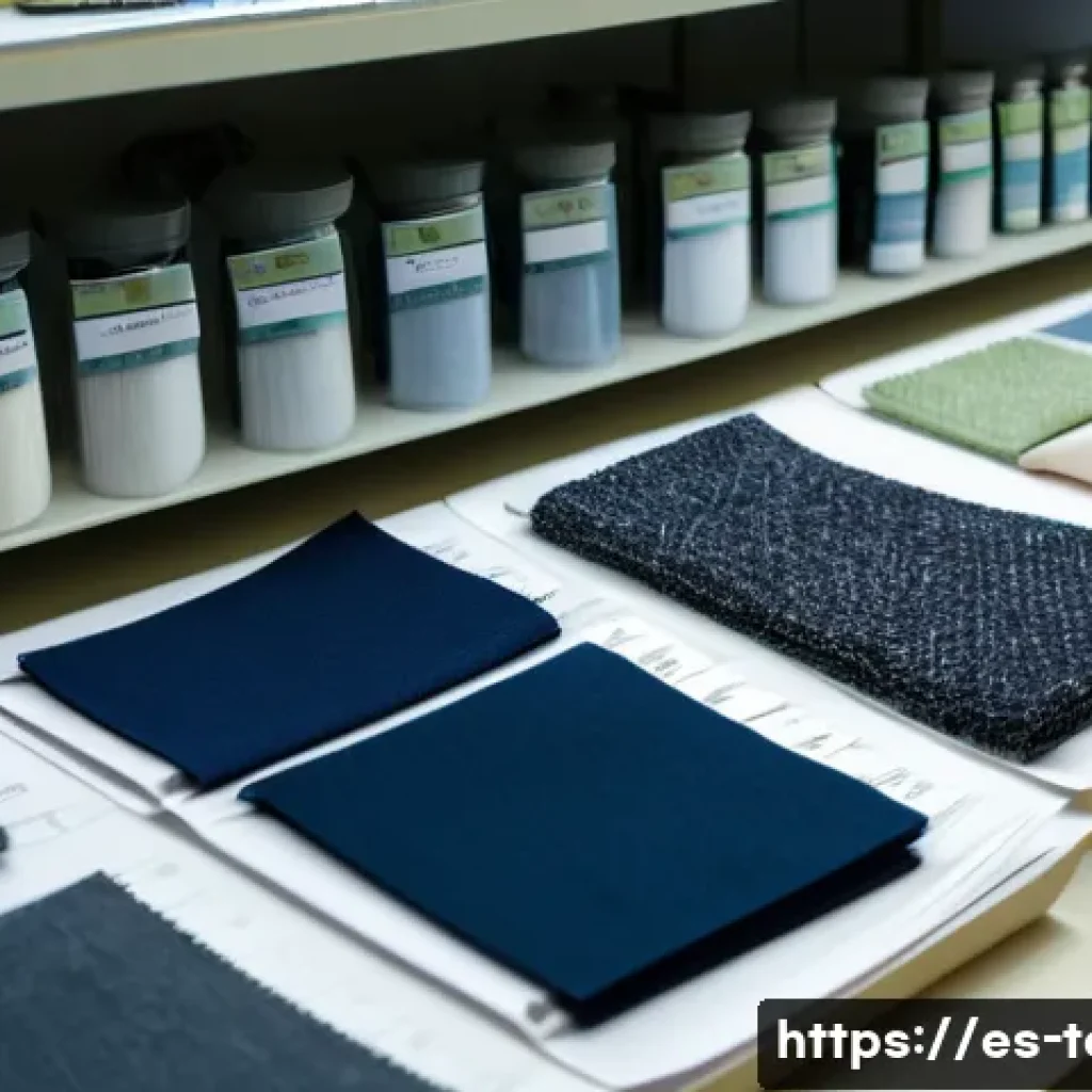 섬유기사 실기시험 시뮬레이션 - A detailed close-up of a textile laboratory workspace in a Spanish-speaking country, showing a varie...