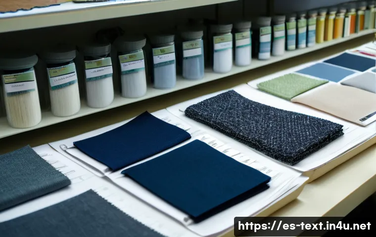 섬유기사 실기시험 시뮬레이션 - A detailed close-up of a textile laboratory workspace in a Spanish-speaking country, showing a varie...