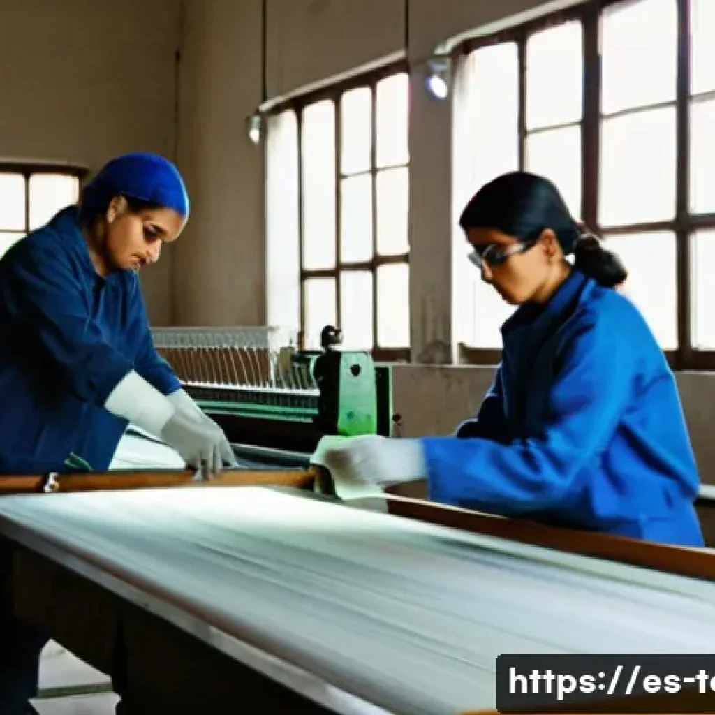 섬유기사 필기시험의 중요성 - A detailed and realistic textile workshop scene in Spain, showing a skilled technician operating a t...