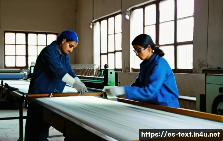 섬유기사 필기시험의 중요성 - A detailed and realistic textile workshop scene in Spain, showing a skilled technician operating a t...