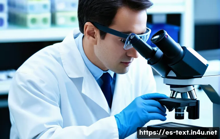섬유기사와 작업환경 관리 - A highly detailed laboratory scene showing a skilled textile technician examining natural and synthe...