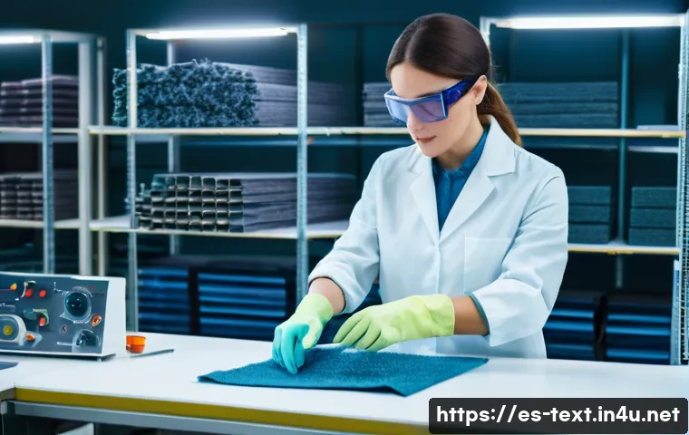 섬유기사와 품질관리 시험 - A modern textile laboratory scene focused on quality control, showing a skilled technician wearing s...