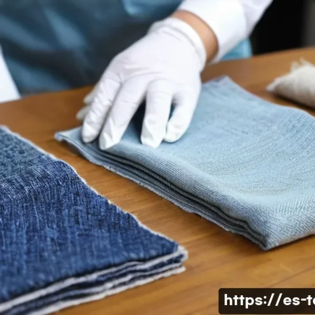 섬유기사 실기시험 연습 문제 - A detailed close-up scene of a textile examination room where a young adult technician is carefully ...