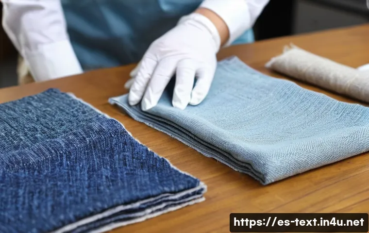 섬유기사 실기시험 연습 문제 - A detailed close-up scene of a textile examination room where a young adult technician is carefully ...