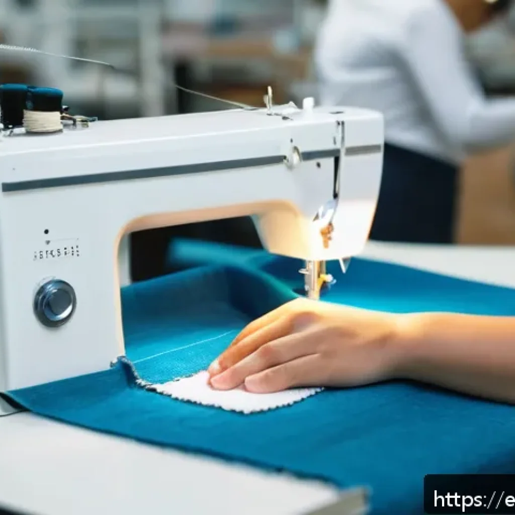 섬유기사와 실기시험의 준비 포인트 - A detailed close-up of a skilled textile student&rsquo;s hands operating a modern sewing machine in a brig...