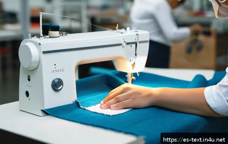 섬유기사와 실기시험의 준비 포인트 - A detailed close-up of a skilled textile student’s hands operating a modern sewing machine in a brig...