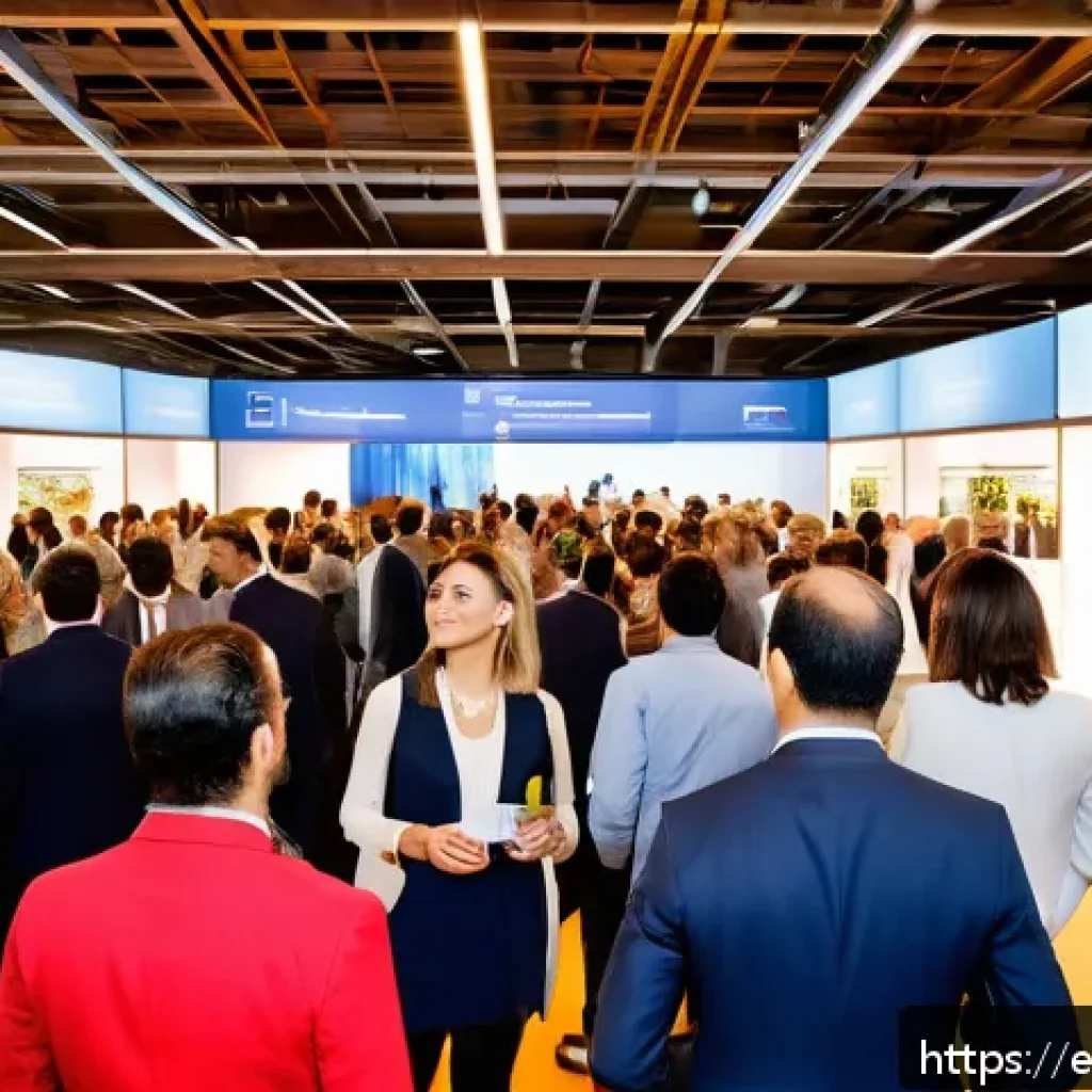 섬유기사와 업계 네트워크 구축 - A professional networking event in the textile industry set in a modern conference hall in Spain, fe...