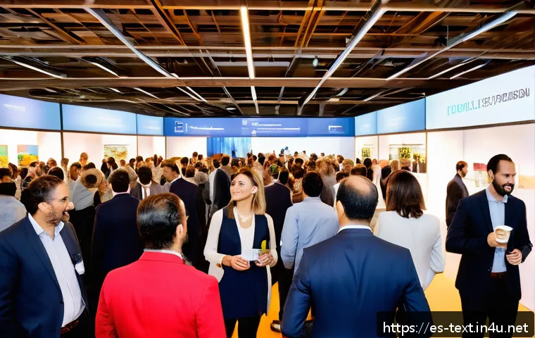 섬유기사와 업계 네트워크 구축 - A professional networking event in the textile industry set in a modern conference hall in Spain, fe...