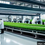 섬유기사와 관련 직종 - A modern sustainable textile factory interior with automated robotic arms and intelligent control sy...
