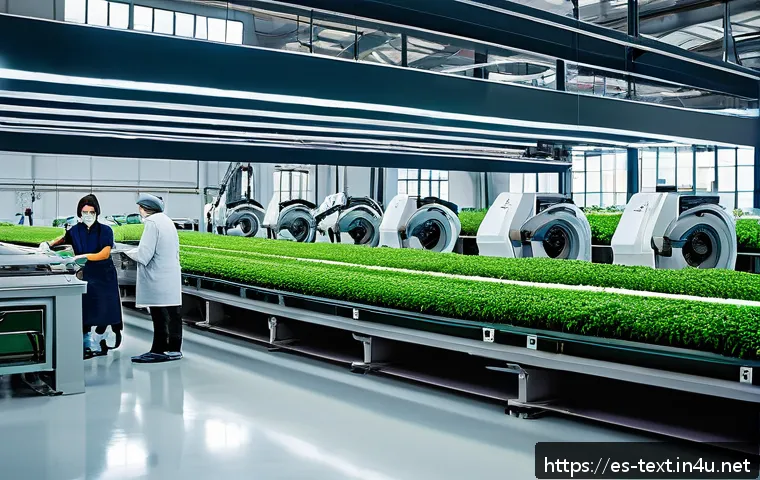 섬유기사와 관련 직종 - A modern sustainable textile factory interior with automated robotic arms and intelligent control sy...