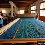 섬유기사와 직업 윤리 - A vibrant textile workshop scene in a sunny Spanish village, showcasing local artisans collaborative...