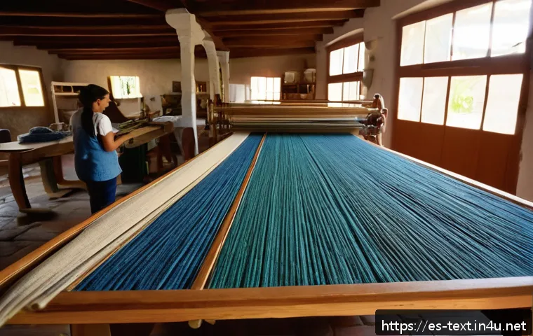섬유기사와 직업 윤리 - A vibrant textile workshop scene in a sunny Spanish village, showcasing local artisans collaborative...