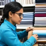 섬유기사와 시험 준비의 효과적인 방법 - A detailed educational infographic scene showing a Spanish textile technician studying various fabri...