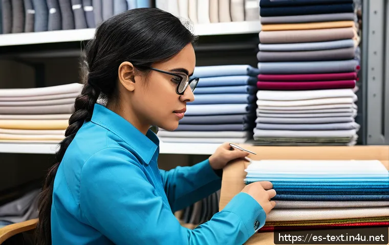 섬유기사와 시험 준비의 효과적인 방법 - A detailed educational infographic scene showing a Spanish textile technician studying various fabri...