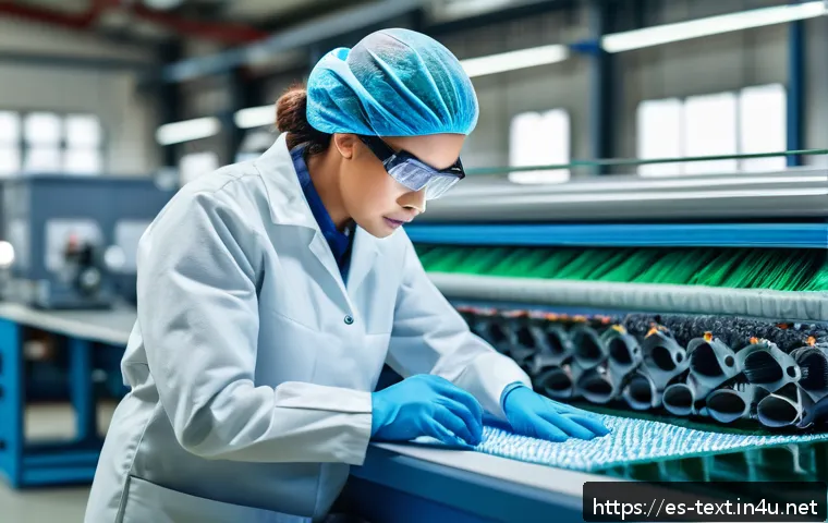섬유기사와 직무 기술서 작성법 - A professional textile technician in a modern factory setting, wearing protective workwear and safet...