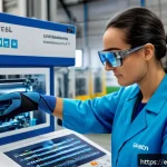 섬유기사와 산업 기술 변화 - A high-tech textile manufacturing facility in Spain featuring advanced robotic arms and automated cu...