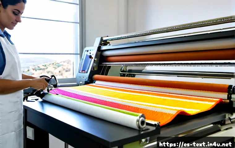 섬유기사와 섬유 공학 - Photorealistic textile engineer in a modern Spanish textile laboratory, carefully examining colorful...