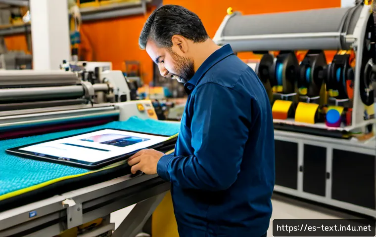 섬유기사 자격증의 가치와 전망 - Photorealistic textile engineer in a modern Spanish textile mill, inspecting colorful woven fabric o...