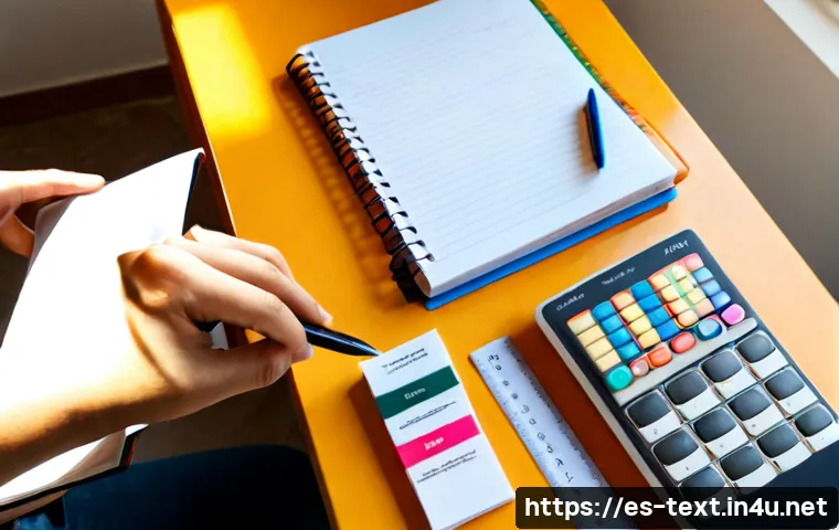 섬유기사 필기시험의 준비 단계 - Photorealistic Spanish textile engineering student organizing exam preparation materials at a bright...